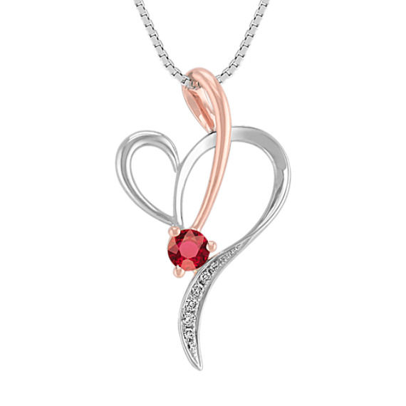 Round Ruby and Diamond Heart Pendant in 14k White and Rose Gold (18 in)