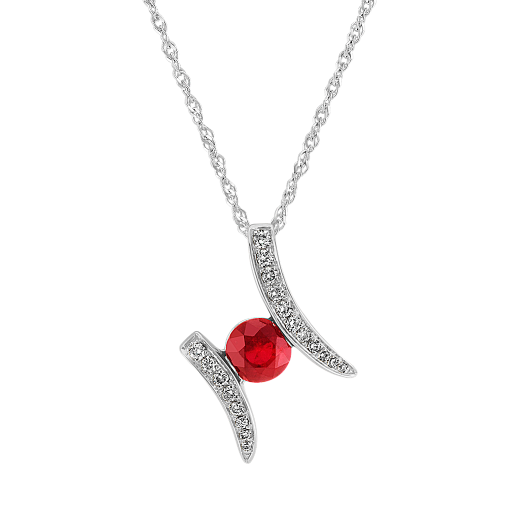 Round Ruby and Diamond Pendant in 14k White Gold (18 in)