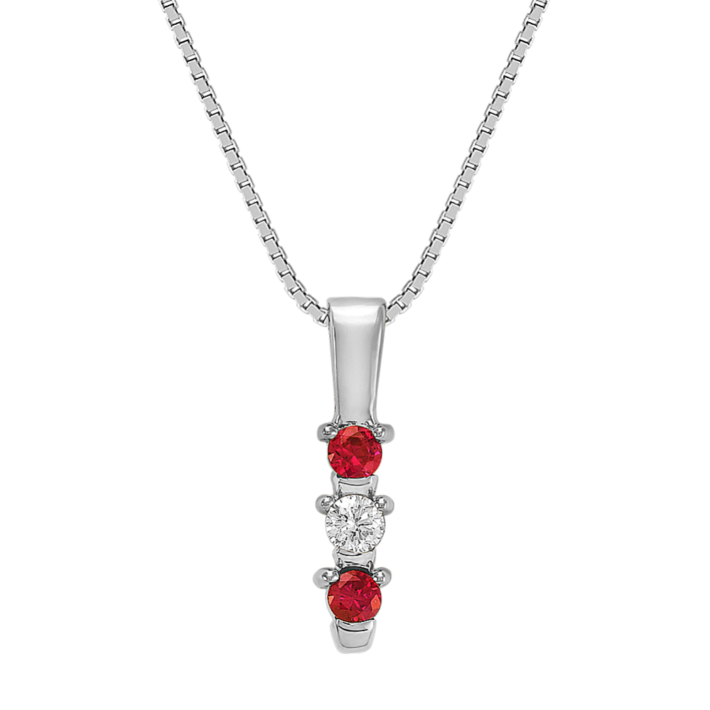 Round Ruby and Diamond Three-Stone Pendant (18'')