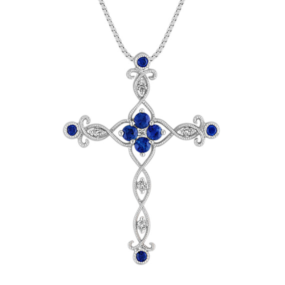Round Sapphire, Princess Cut and Round Diamond Cross Pendant (18 in)