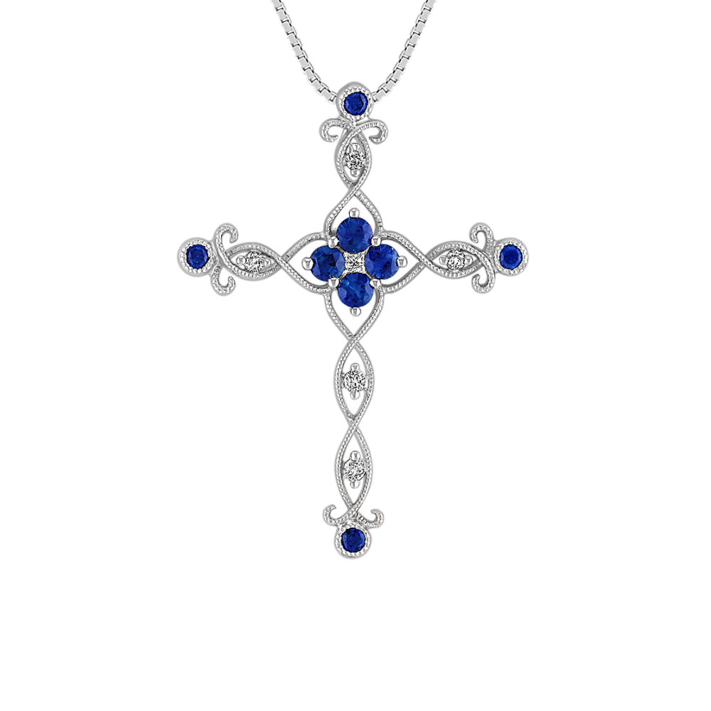 Round Natural Sapphire, Princess Cut and Round Natural Diamond Cross Pendant (18 in)