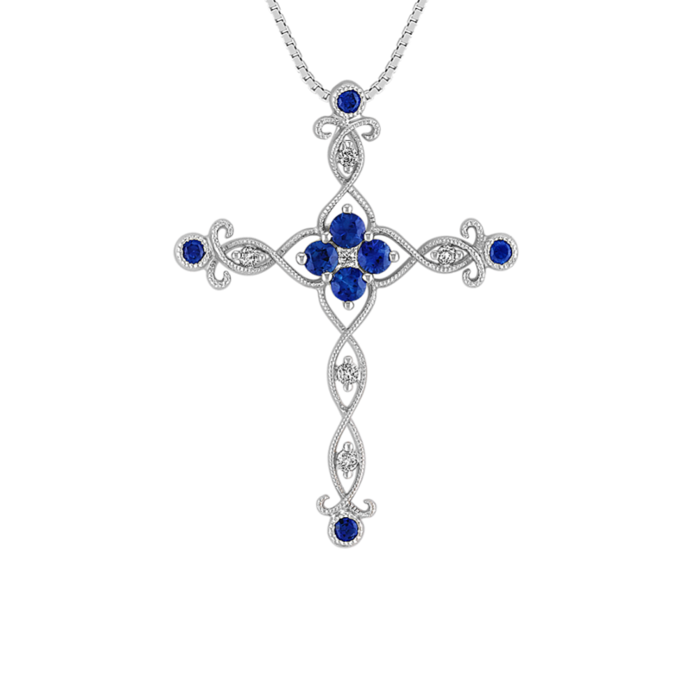 Round Sapphire, Princess Cut and Round Diamond Cross Pendant (18 in)