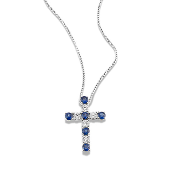 Round Sapphire and Diamond Cross Pendant (18 in)