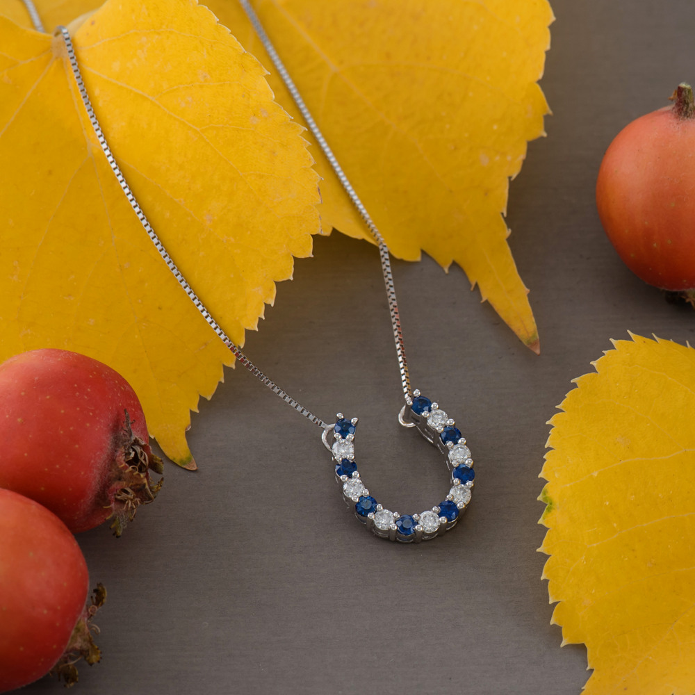 Fortuna Sapphire and Diamond Horseshoe Necklace in 14K White Gold (18