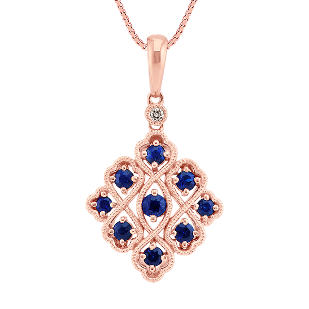 Round Sapphire and Diamond Pendant in 14k Rose Gold (18 in)