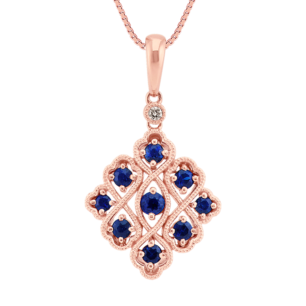 Round Sapphire and Diamond Pendant in 14k Rose Gold (18'')