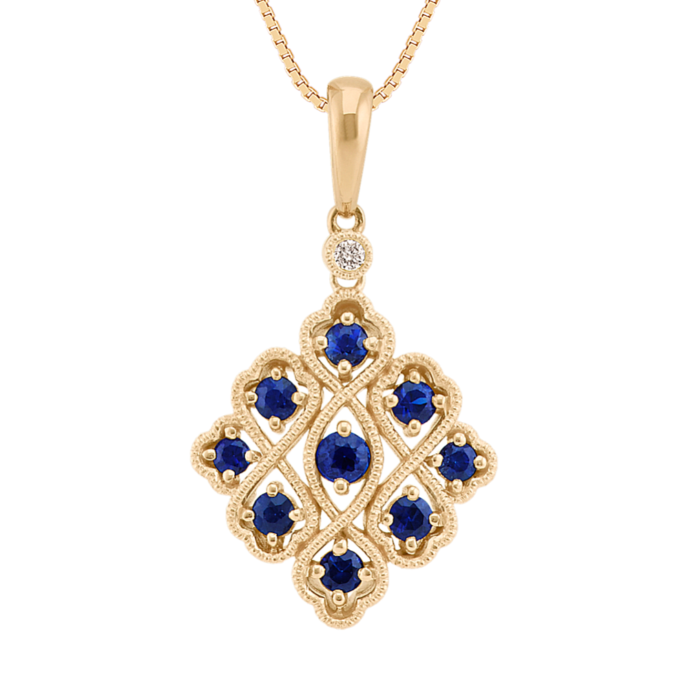 Round Sapphire and Diamond Pendant in 14k Yellow Gold (18 in)