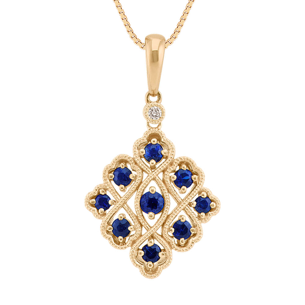 Round Sapphire and Diamond Pendant in 14k Yellow Gold (18'')