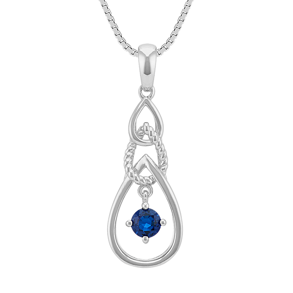 Round Traditional Sapphire Drop Pendant in Sterling Silver (20 in)