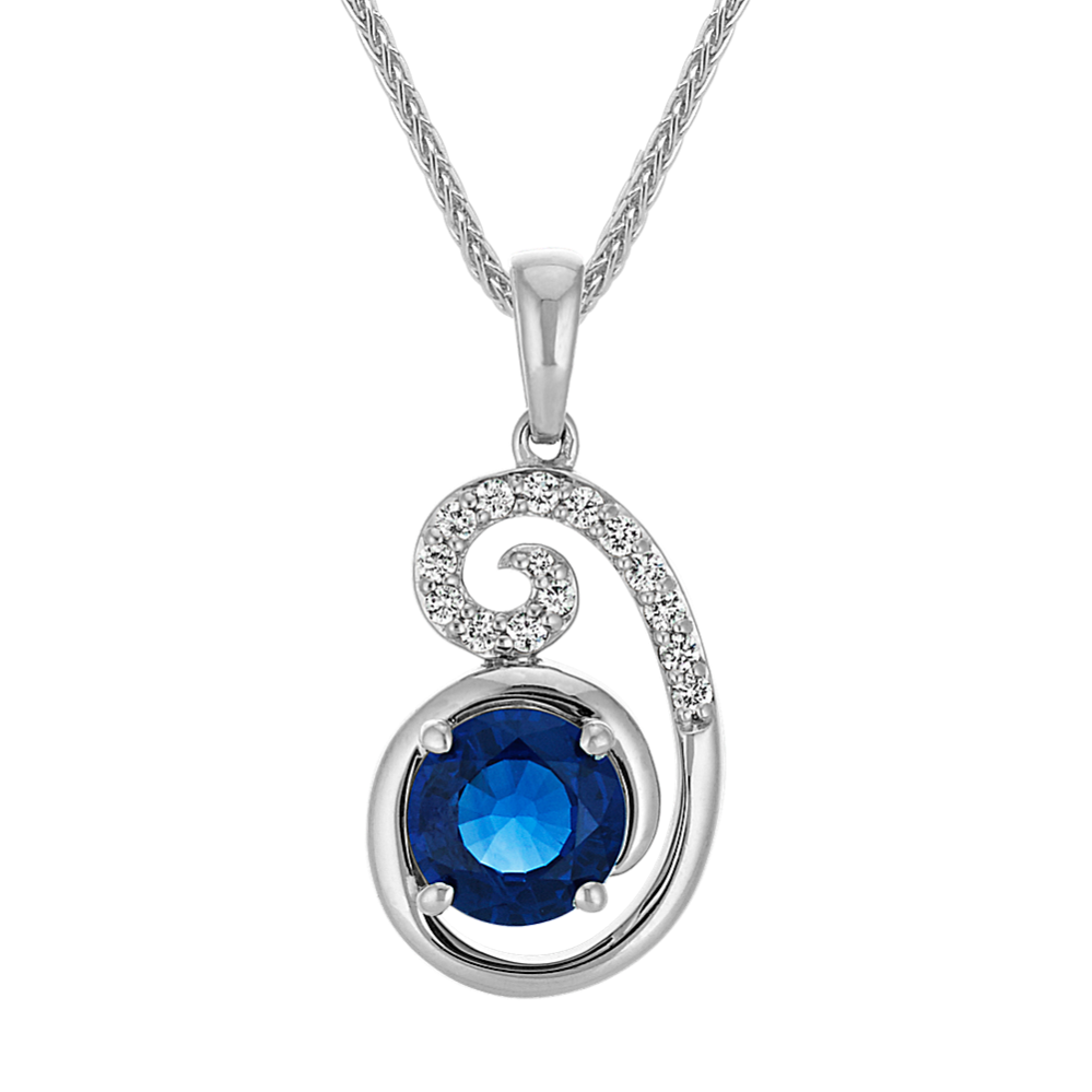 Round Traditional Sapphire and Diamond Curl Pendant (22 in)