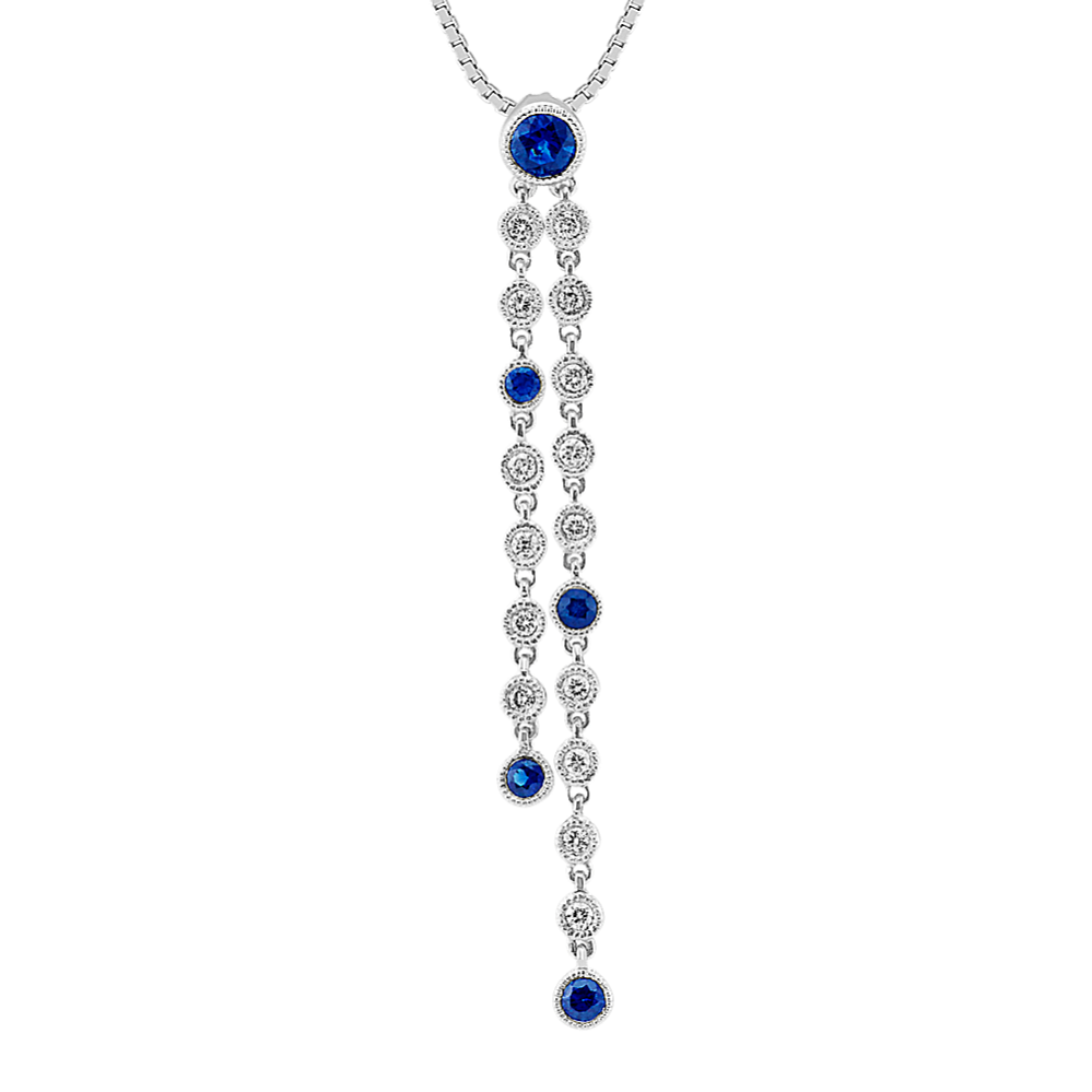 Round Traditional Sapphire and Diamond Pendant with Bezel Setting (18'')