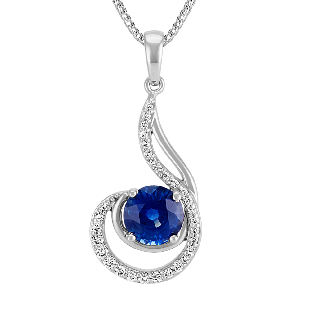 Round Traditional Sapphire and Diamond Swirl Pendant (22'')