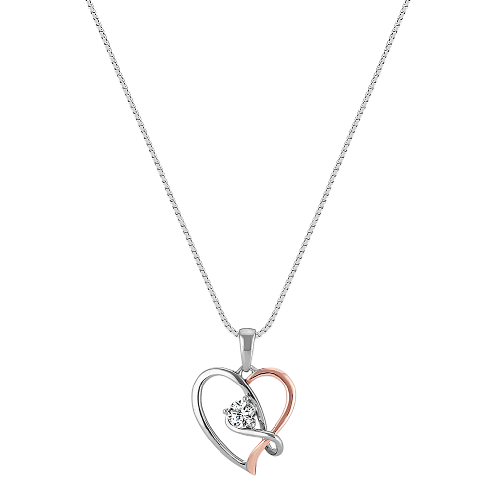 Round White Sapphire Heart Pendant in Rose Gold and Sterling Silver (18 ...