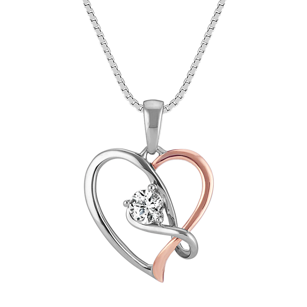 Round White Sapphire Heart Pendant in Rose Gold and Sterling Silver (18 in)