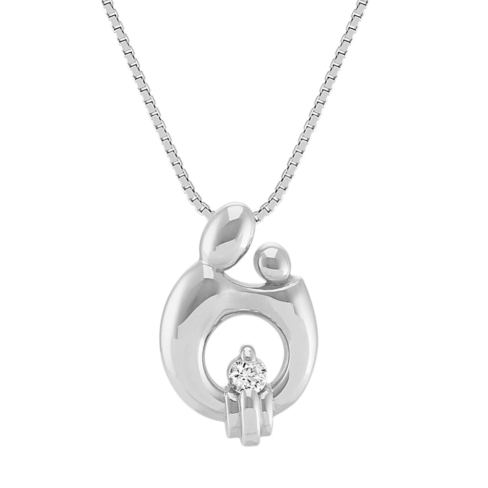 Round White Sapphire Mother and Child Pendant in Sterling Silver (20'')
