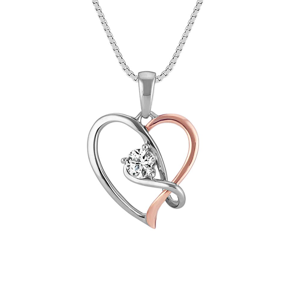 Round White Natural Sapphire Heart Pendant in Rose Gold and Sterling Silver (18 in)
