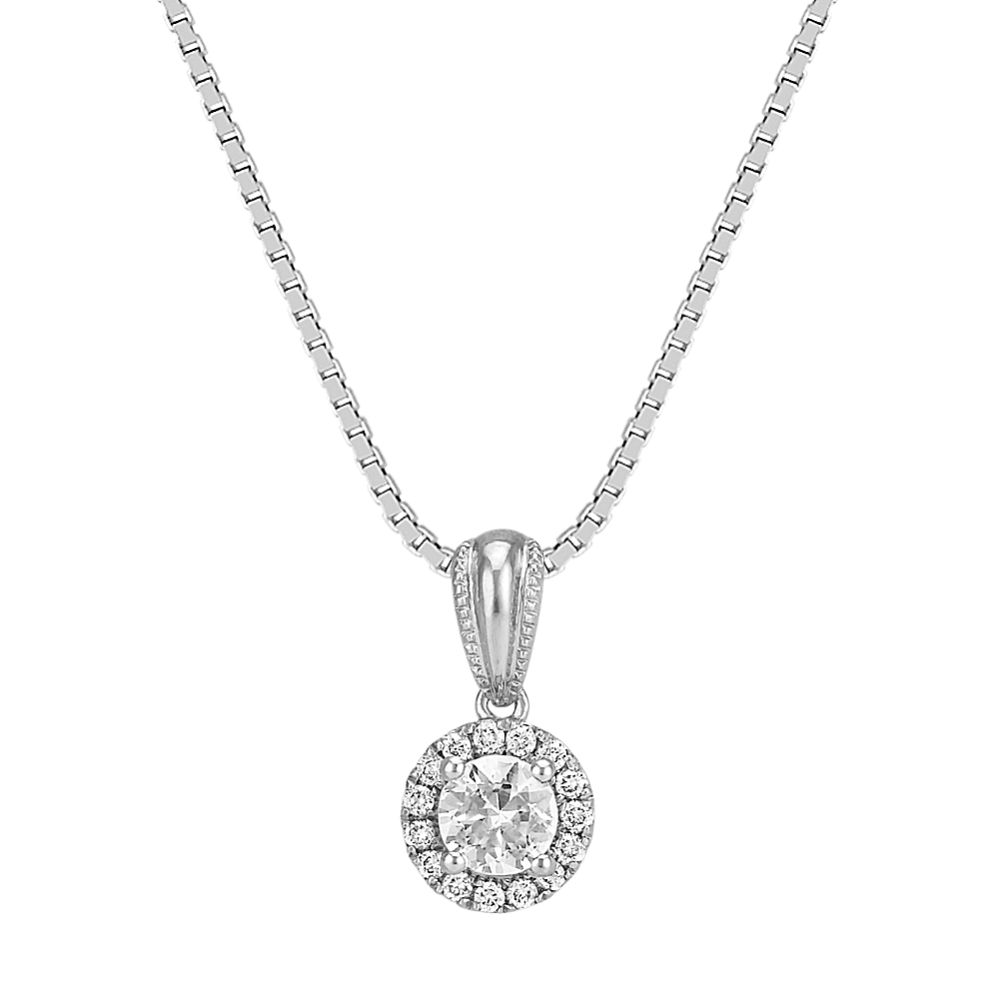 Round White Sapphire and Round Diamond Halo Pendant (20'')