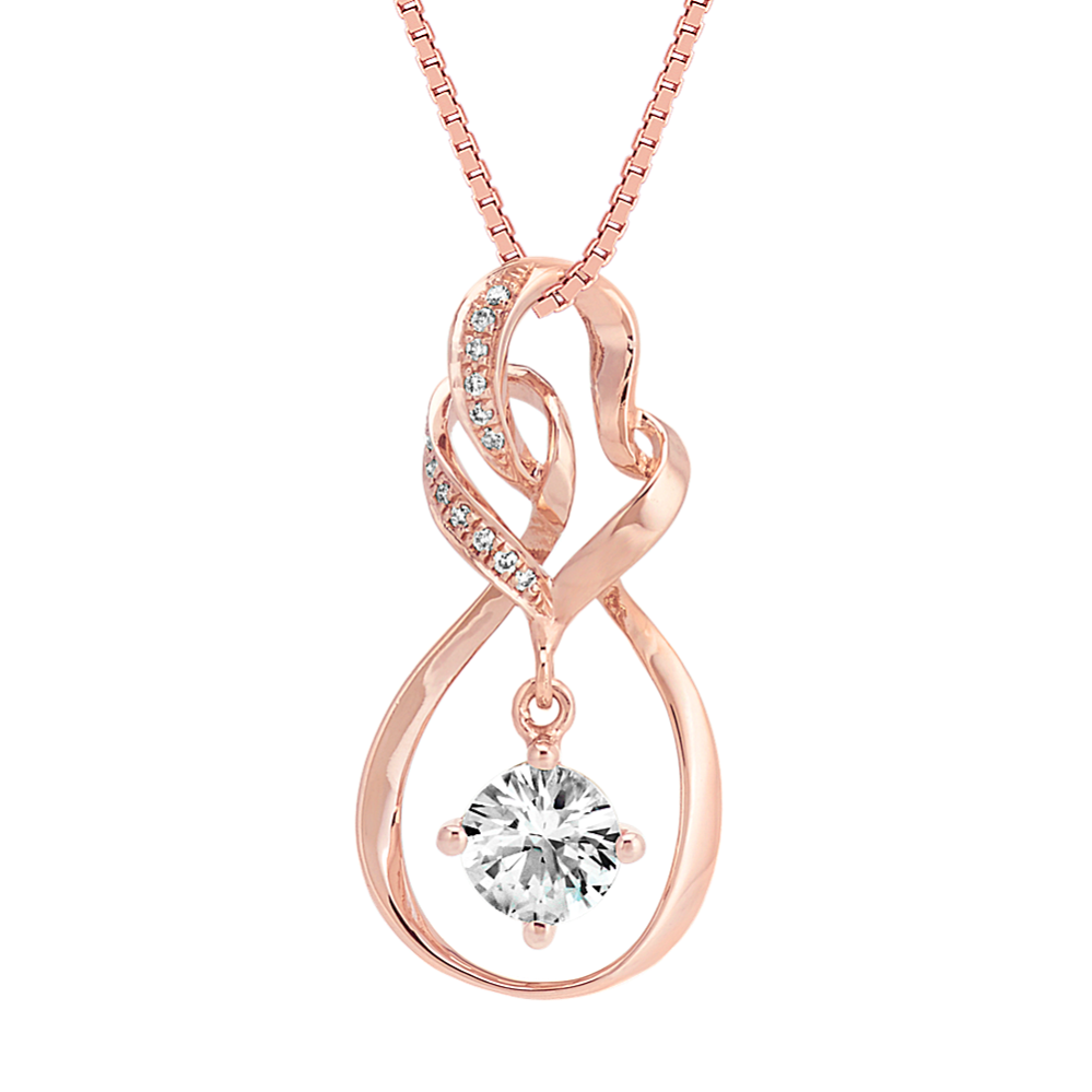 Round White Sapphire and Round Diamond Pendant in 14k Rose Gold (18 in)