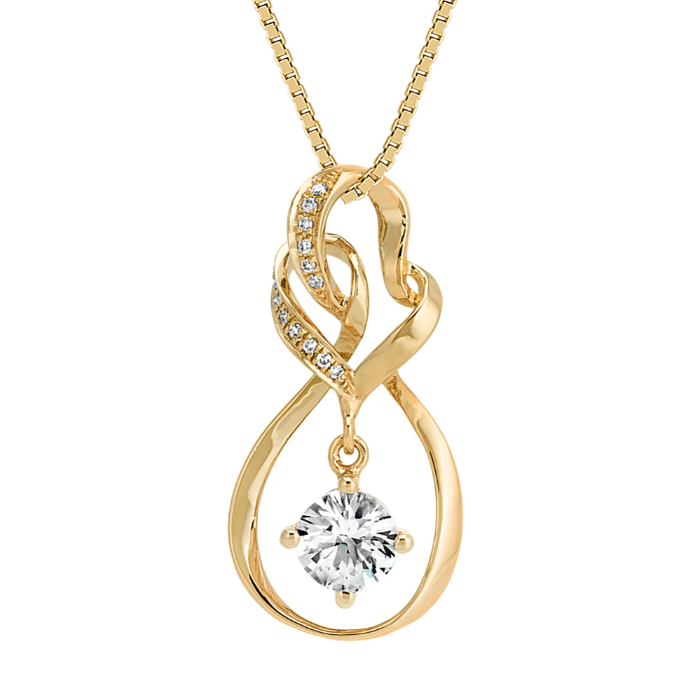 Round White Sapphire and Round Diamond Pendant in 14k Yellow Gold (18 in)
