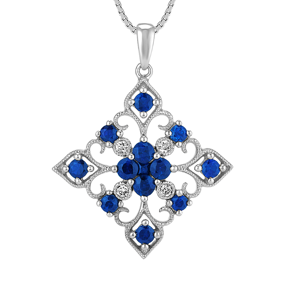 Round and Princess Cut Traditional Sapphire and Diamond Pendant (18 in)