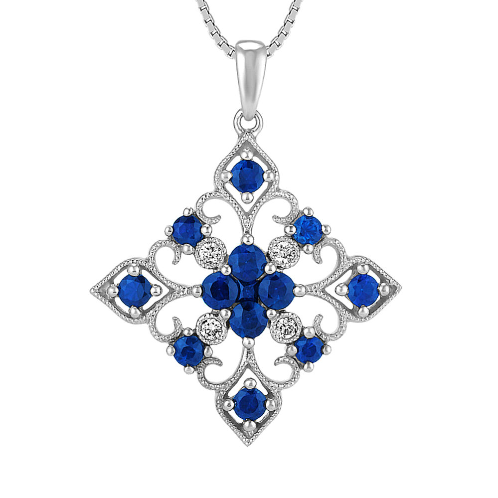 Round and Princess Cut Traditional Sapphire and Diamond Pendant (18'')