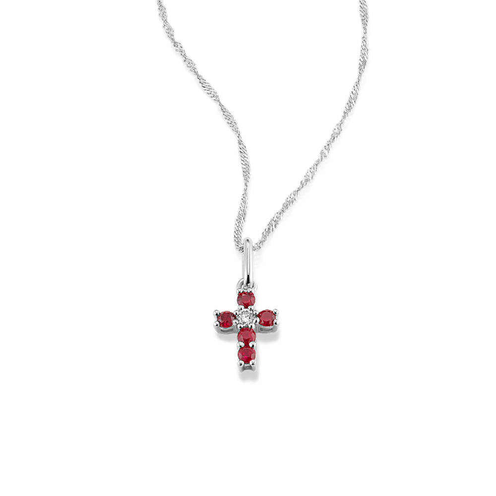 Natural Ruby and Natural Diamond Cross Pendant (18 in)