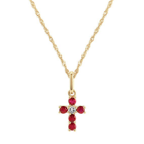 Ruby and Diamond Cross Pendant (18 in)
