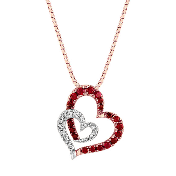 Ruby and Diamond Double Heart Pendant (18 in) | Shane Co.