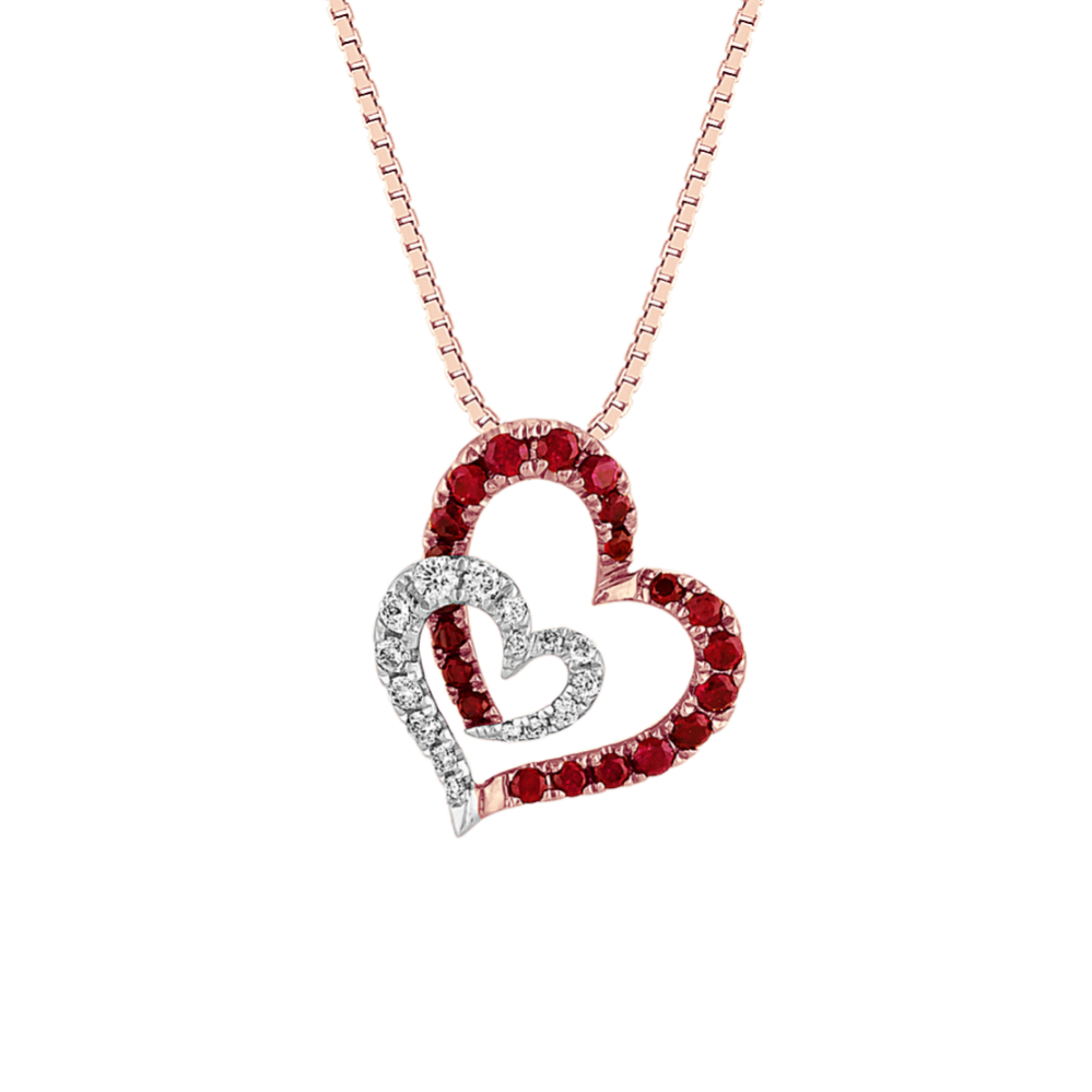 Ruby and Diamond Double Heart Pendant (18 in)
