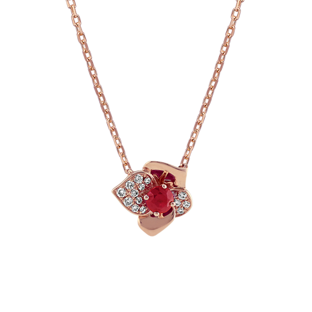 Jane Ruby and Diamond Flower Necklace in 14K Rose Gold (18'')