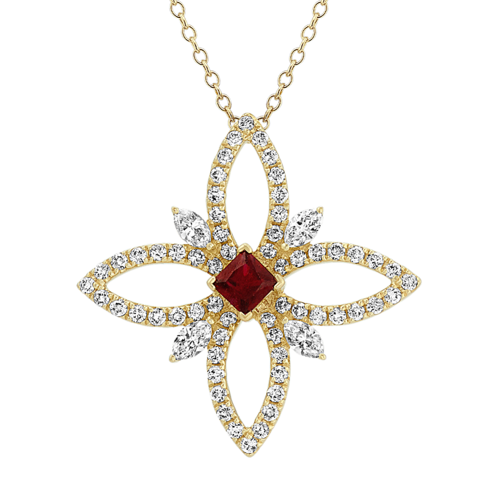 Ruby and Diamond Flower Pendant (22 in)