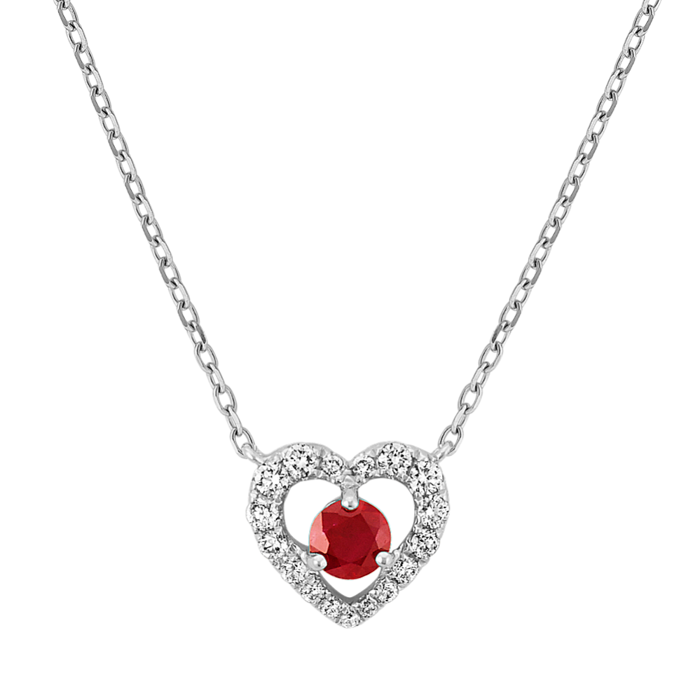 Ruby and Diamond Heart Necklace in Sterling Silver (18 in)