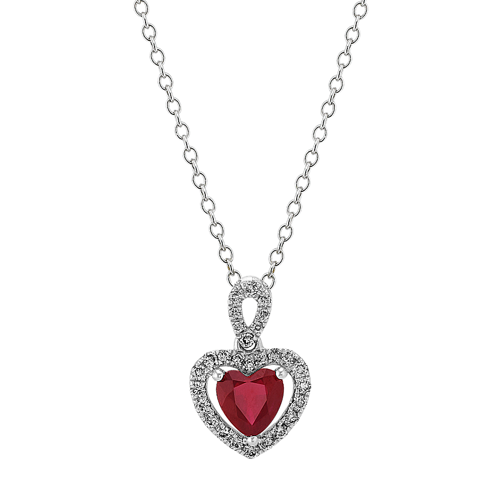 Ruby and Diamond Heart Pendant in White Gold (22 in) | Shane Co.