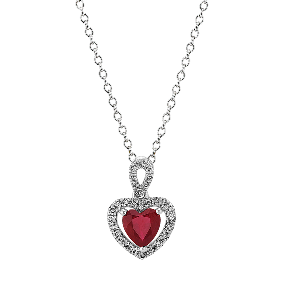 Ruby and Diamond Heart Pendant in White Gold (22 in)