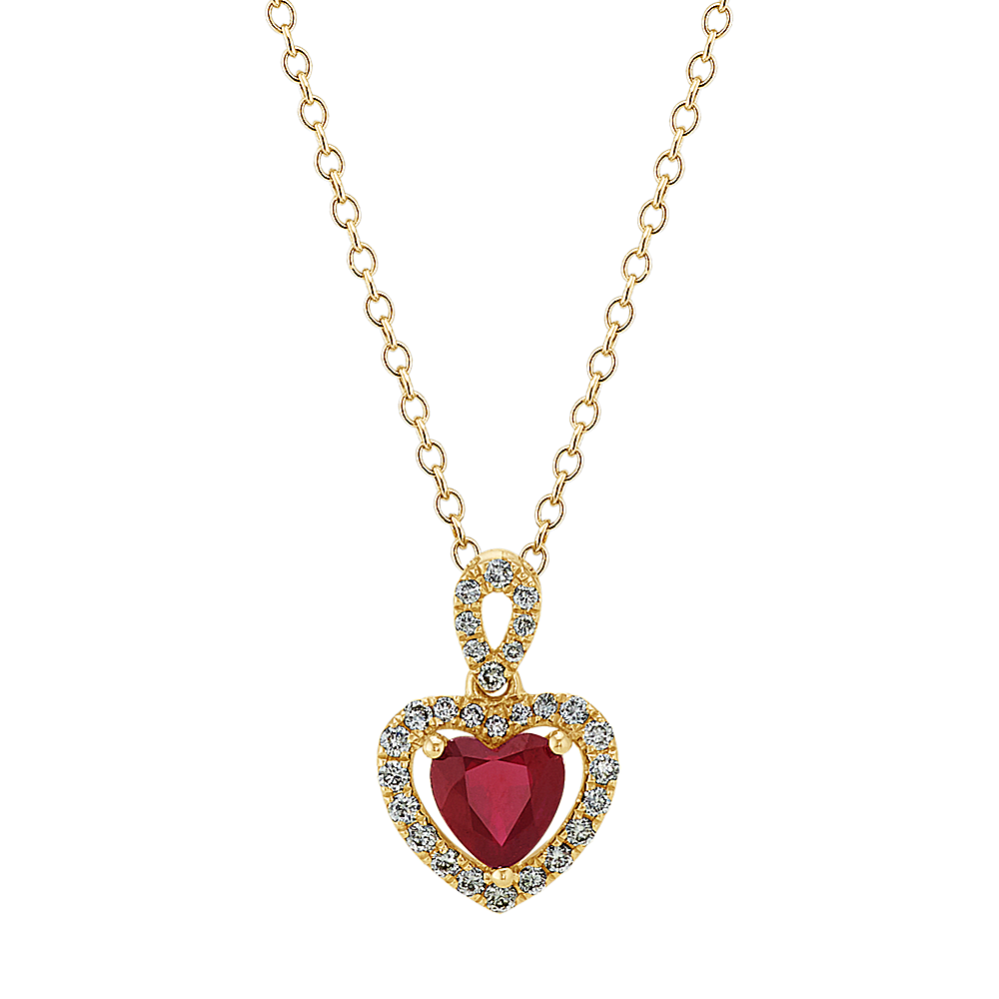 Ruby & Diamond Heart Pendant in Yellow Gold (22 in)
