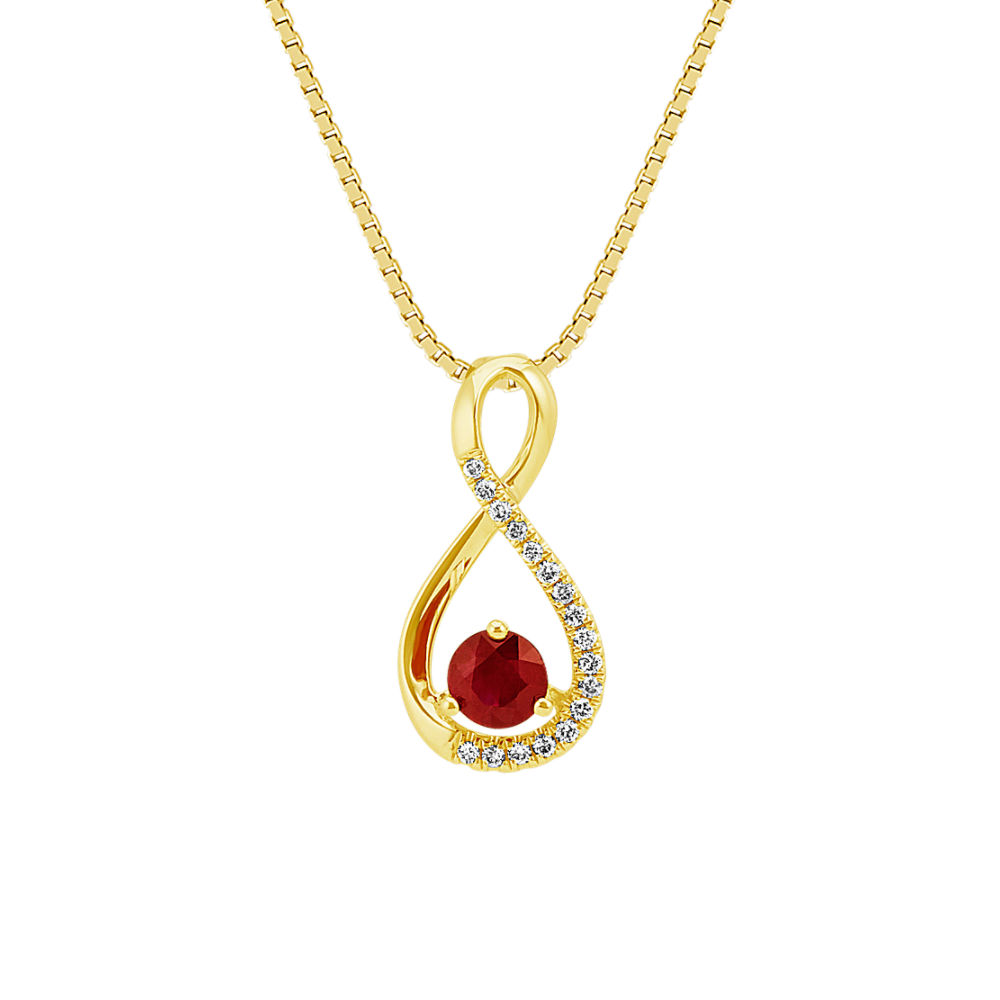 Claret Natural Ruby and Natural Diamond Infinity Pendant in 14K Yellow Gold (18 in)
