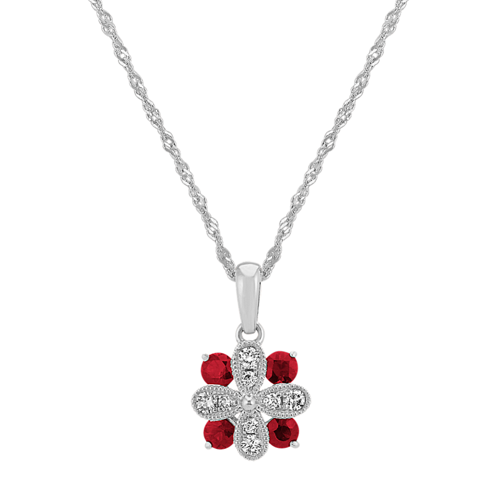Ruby and Diamond Pendant in 14k White Gold (20 in)