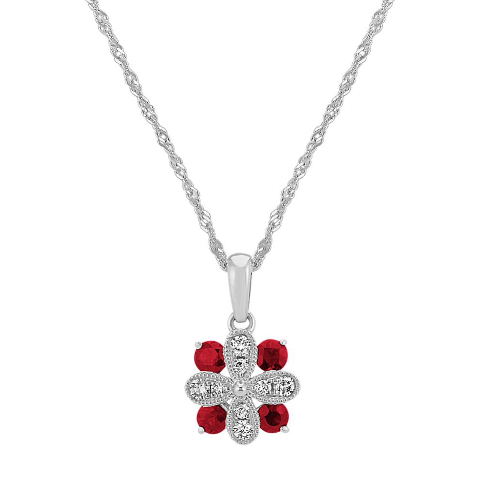 Ruby and Diamond Pendant in 14k White Gold (20'')