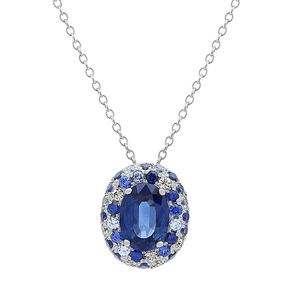 Salerno Traditional Blue Sapphire and Diamond Pendant in 14K White Gold (24 in)