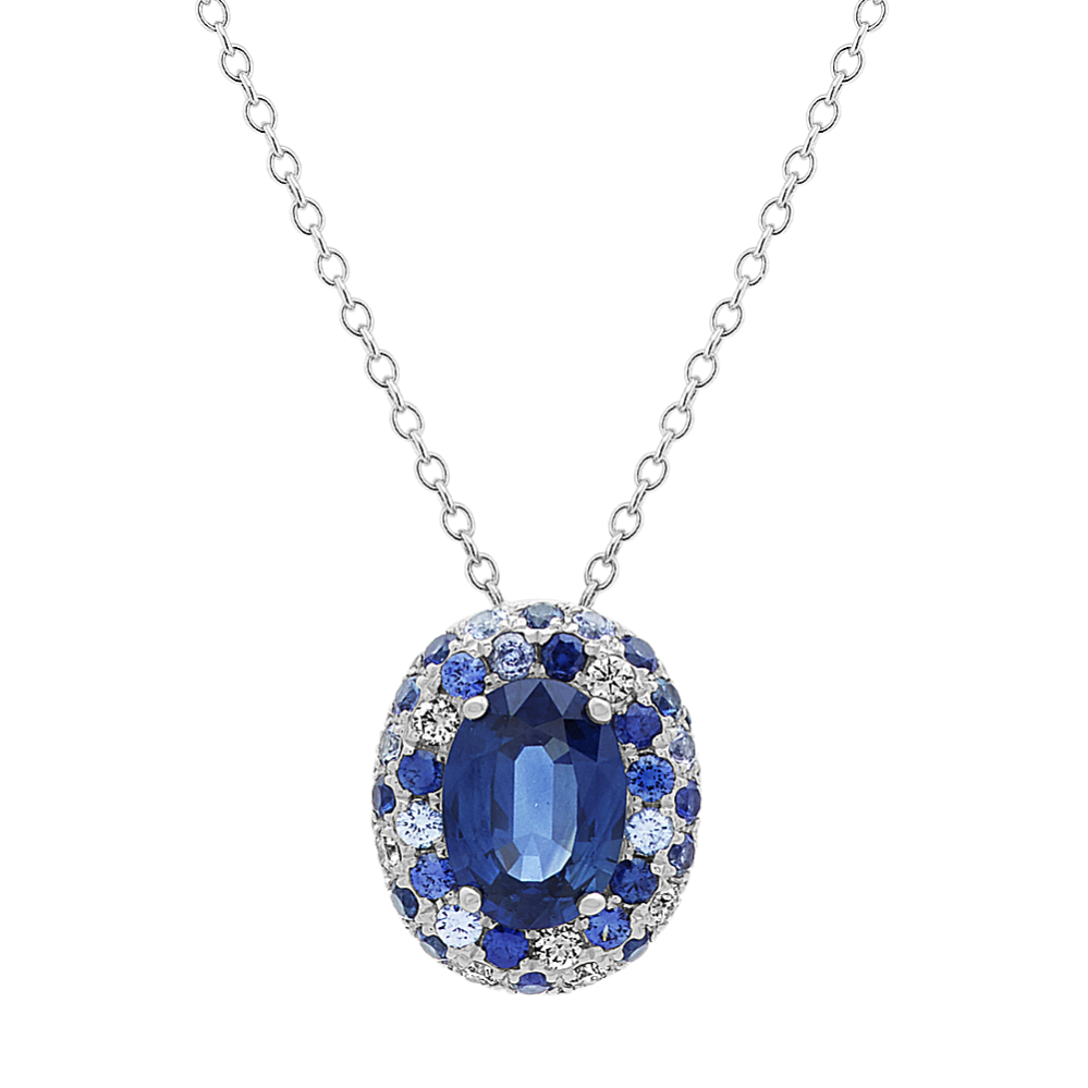 Salerno Traditional Blue Sapphire and Diamond Pendant in 14K White Gold (24'')