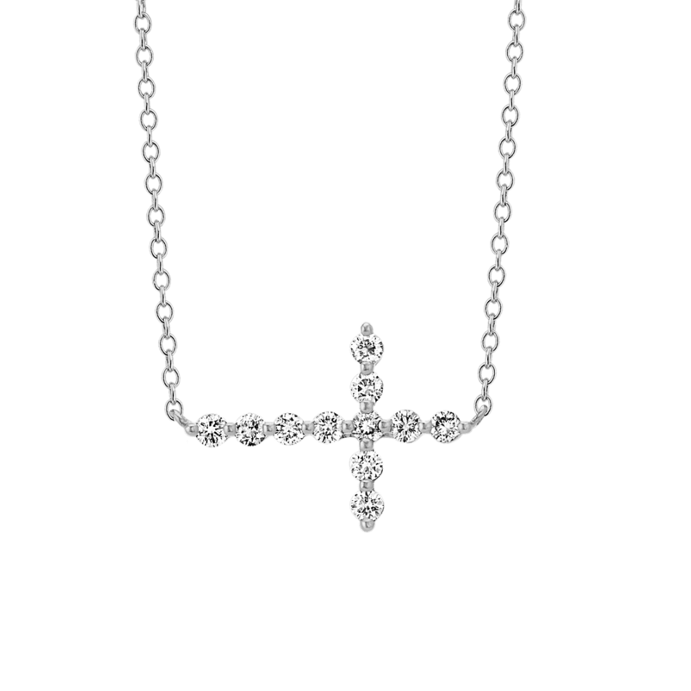 Sideways Natural Diamond Cross Necklace in 14k White Gold (18 in)