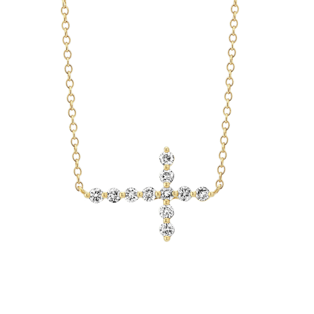 Sideways Diamond Cross Necklace in 14k Yellow Gold (18 in)