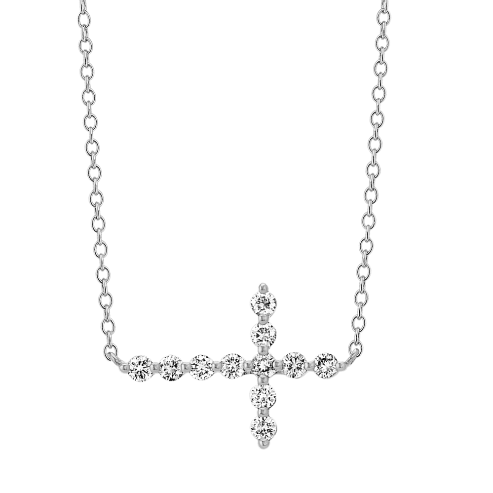 Sideways Diamond Cross Necklace in 14k White Gold (18 in)