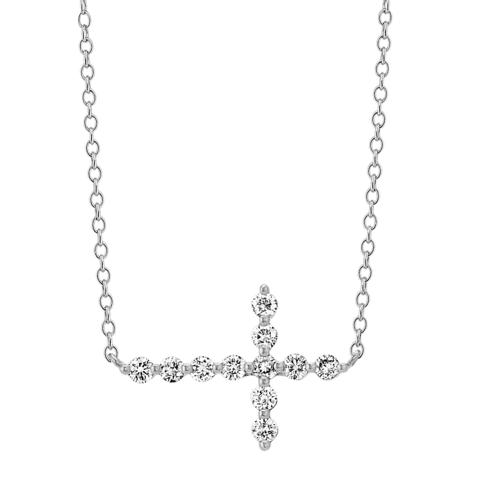 Sideways Diamond Cross Necklace in 14k White Gold (18'')