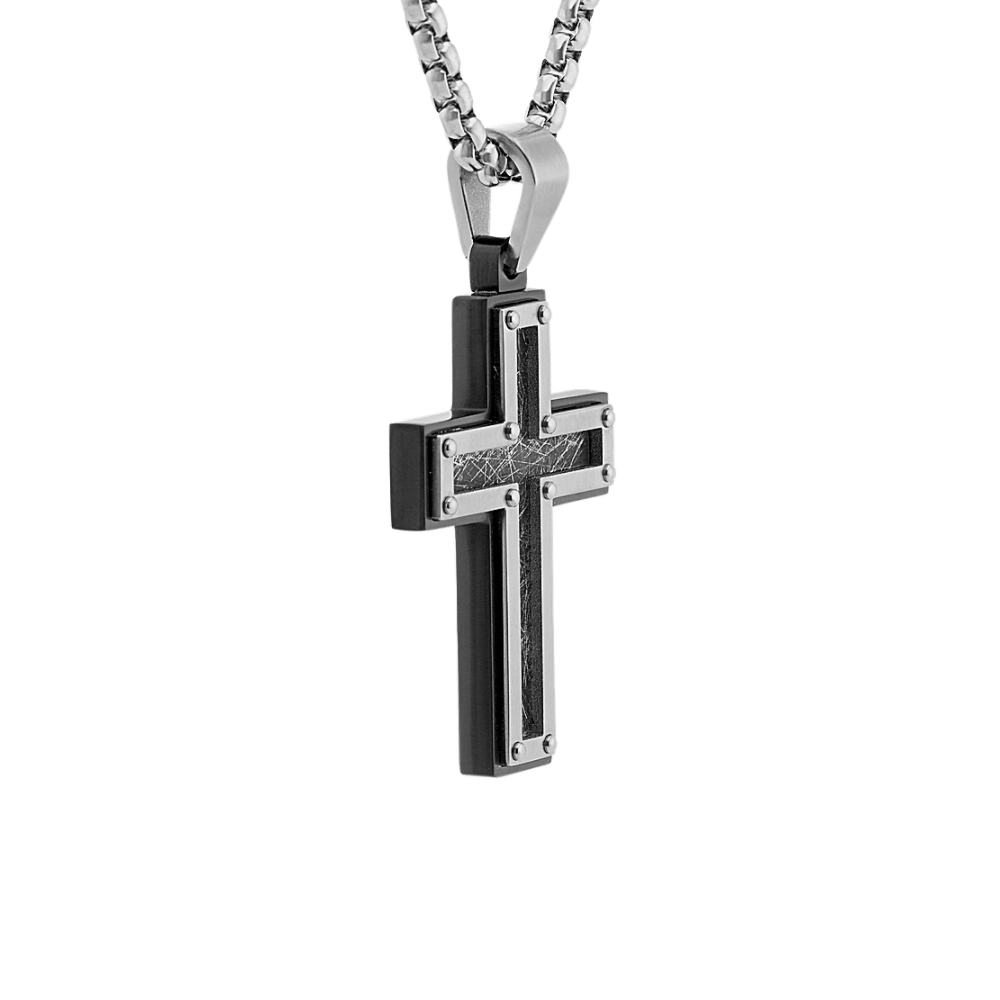 24 inch Mens Stainless Steel Cross Necklace with Black Ionic Plating