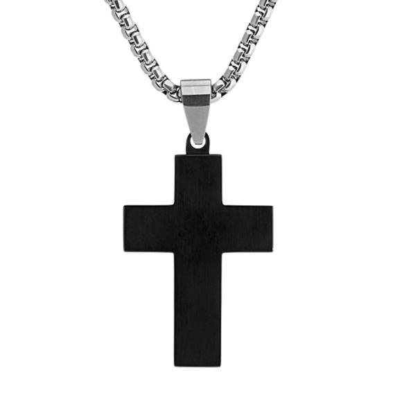 24 inch Mens Stainless Steel Cross Necklace with Black Ionic Plating ...