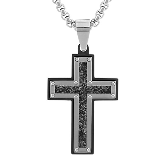 Stainless Steel Cross Necklace with Black Ionic Plating (24 in)