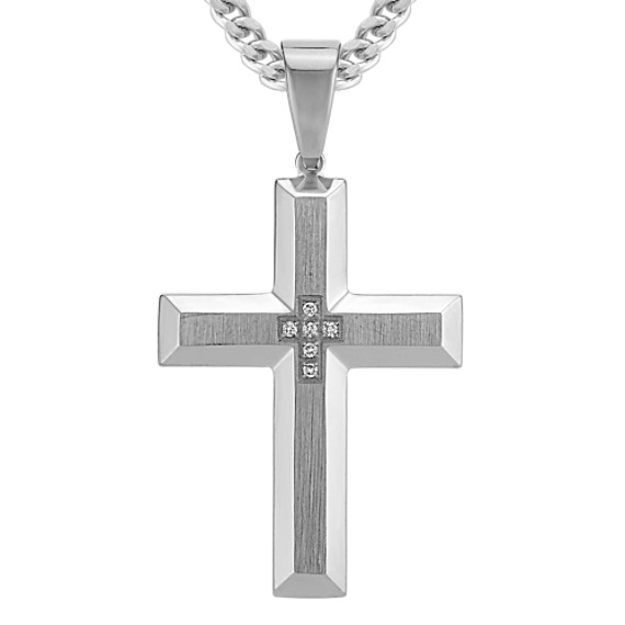 Stainless Steel Cross Necklace with Round Diamond Accent (24 in)