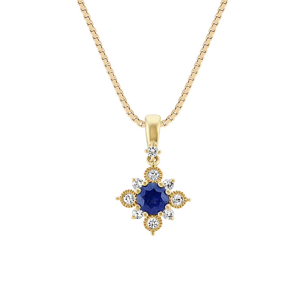 Starburst Traditional Blue and White Natural Sapphire Pendant in 14K Yellow Gold (18 in)