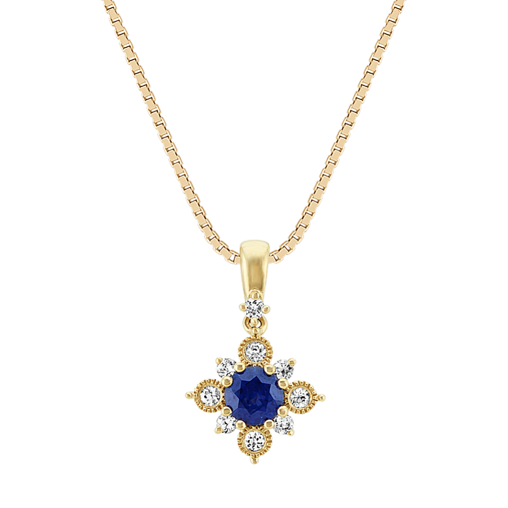 Starburst Traditional Blue and White Sapphire Pendant in 14K Yellow Gold (18 in)